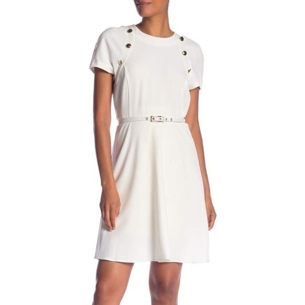 NWT Sharagano White Belted Cap Sleeve Sheath Dress